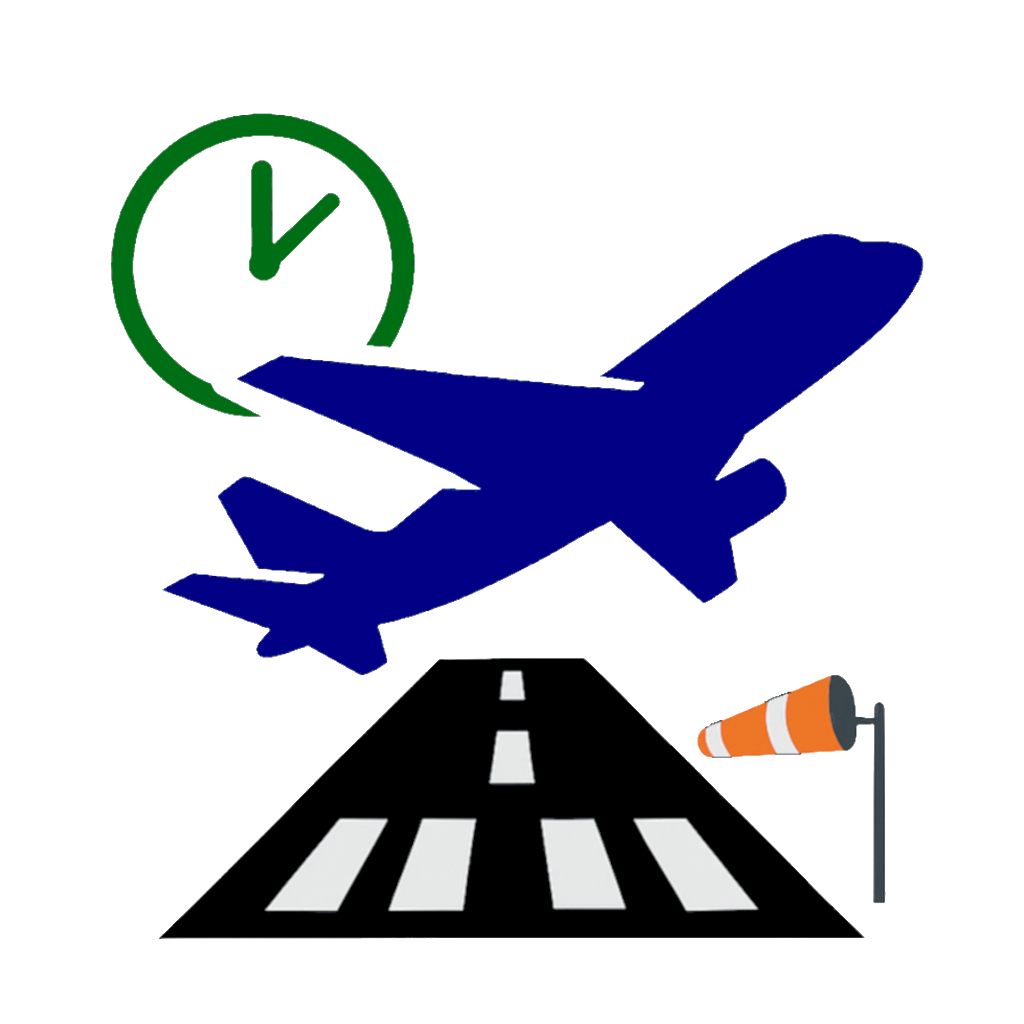 Block Time graphic with airplane, runway, clock, and windsock