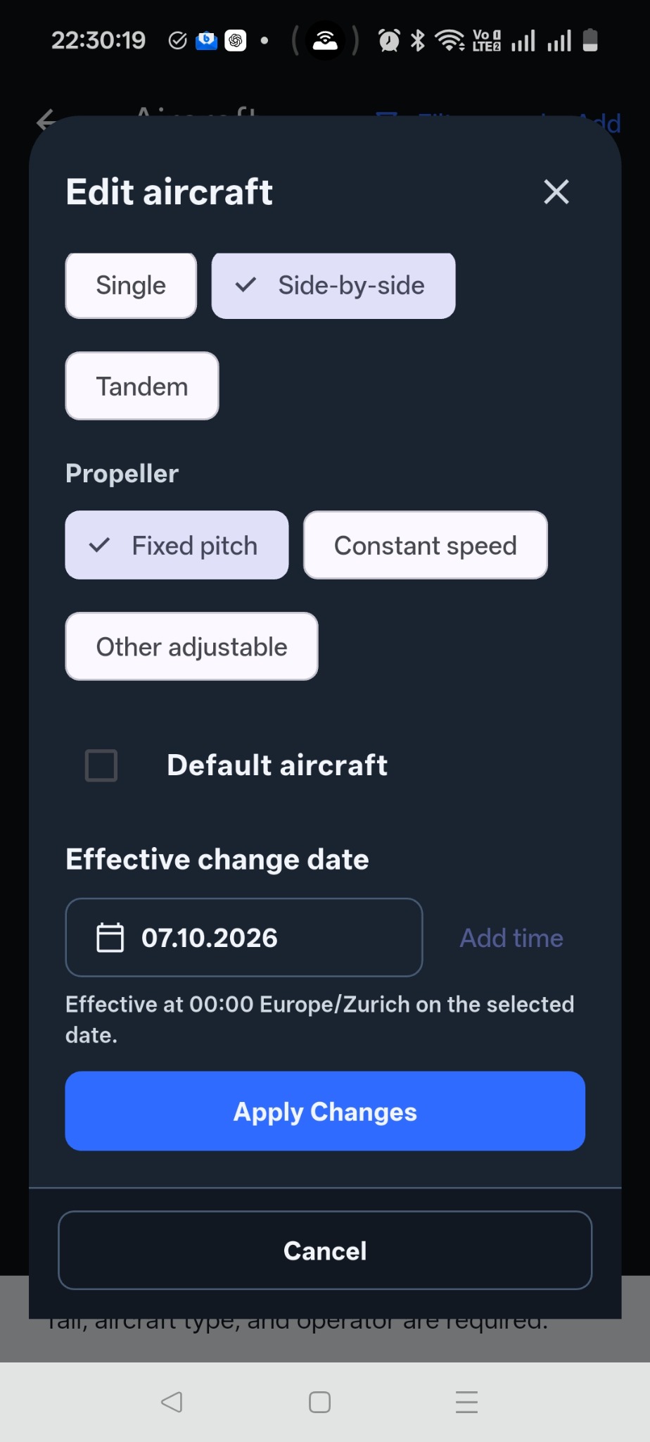 Aircraft editor showing seating, propeller, default-aircraft selection, and an effective change date.