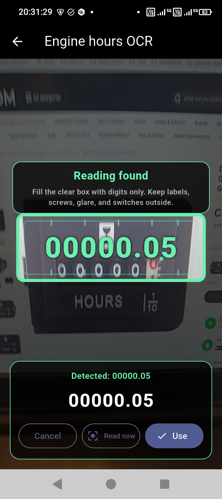 Block Time engine-hours OCR screen with detected value and confirmation button.