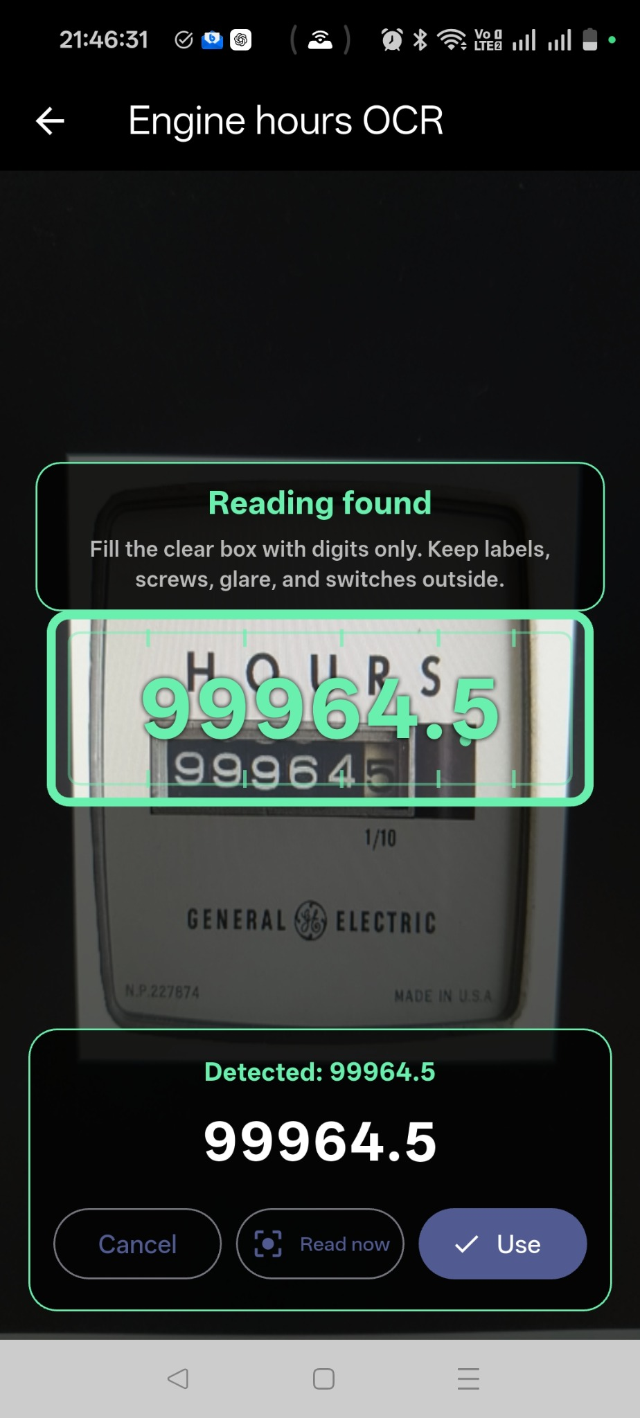 Block Time engine-hours OCR screen with detected value and confirmation button.