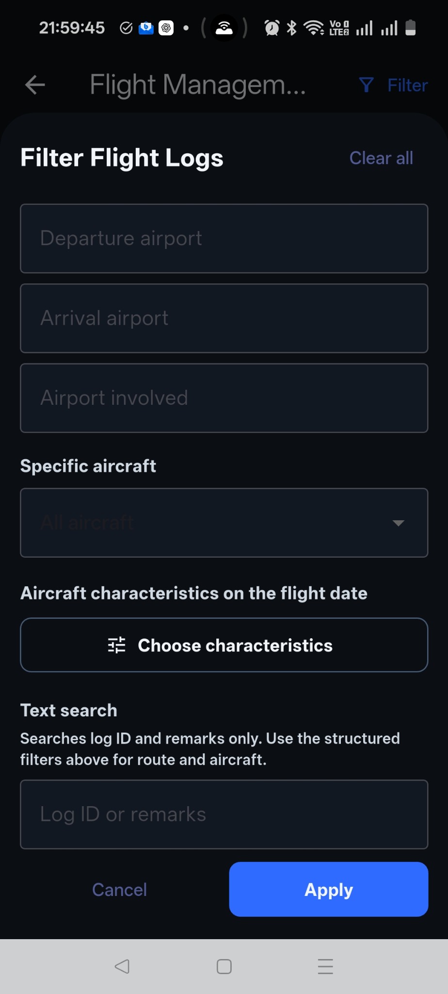 Flight log filters for aircraft, aircraft characteristics, and log ID or remarks.