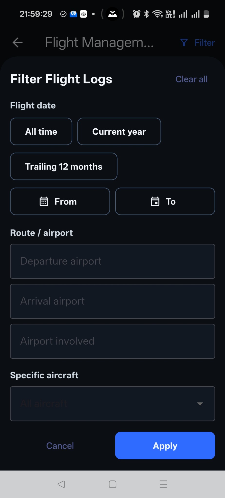 Flight log filters for date range, departure, arrival, and airports involved.