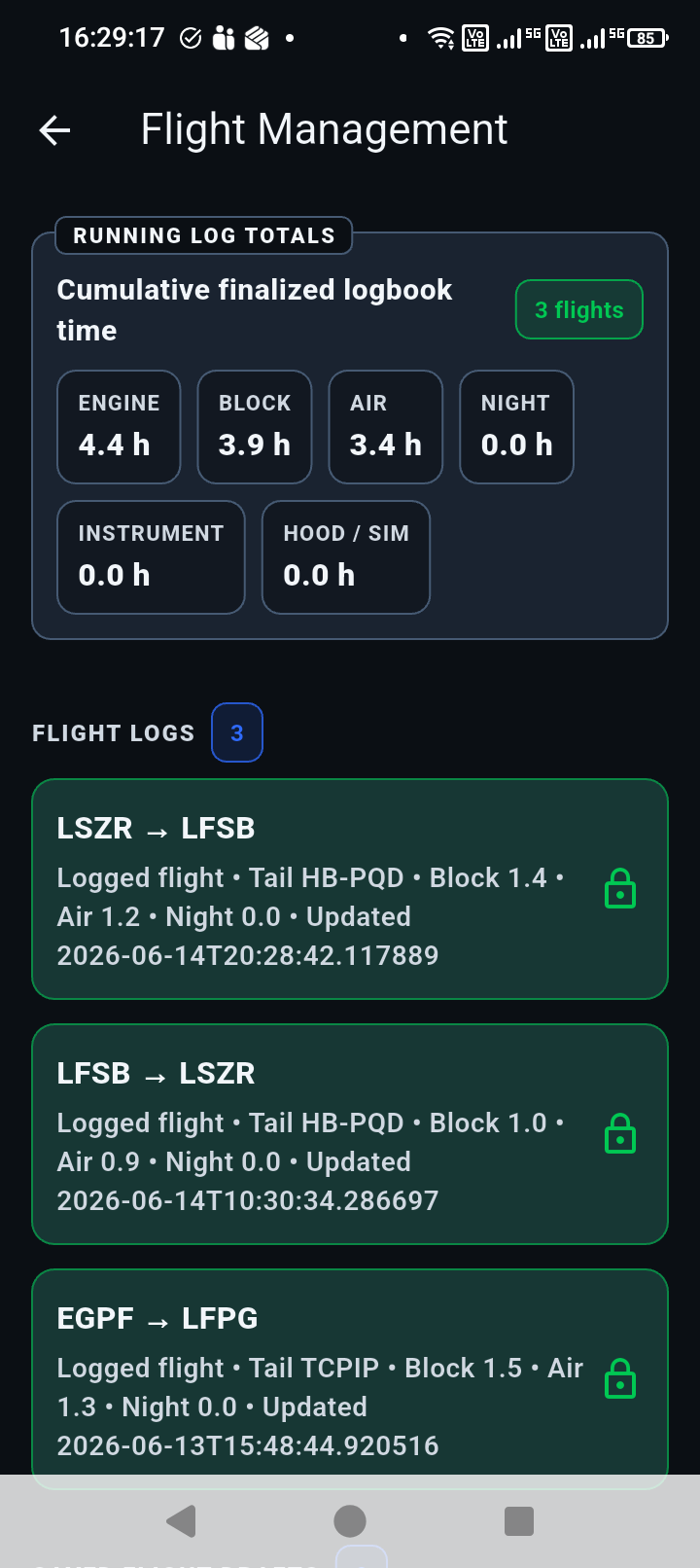 Flight Management screen showing completed flight records and totals.