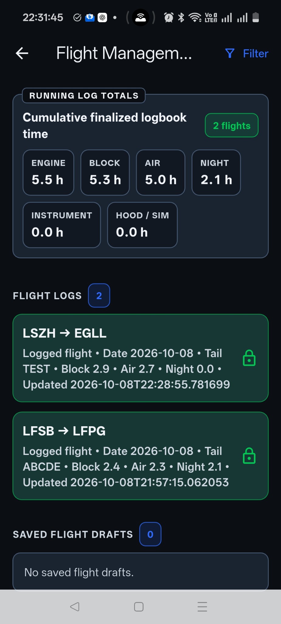 Flight Management showing two flights and cumulative flight log totals.