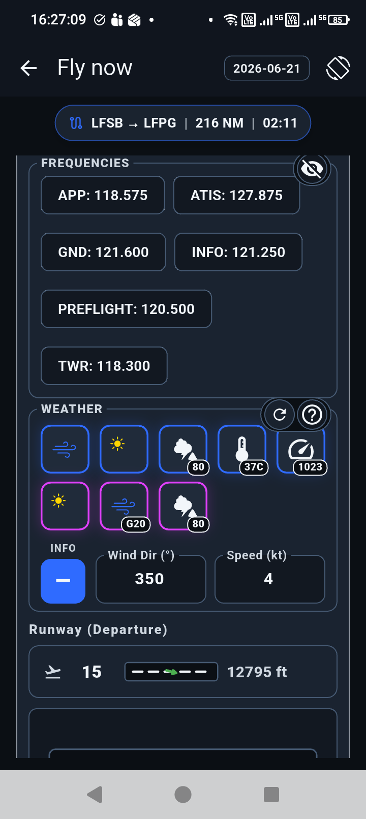 Fly Now screen with weather, wind, and runway context.