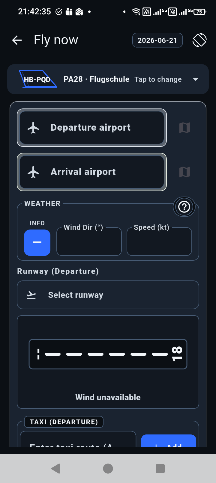 Fly Now start screen with departure airport, arrival airport, weather, runway, and taxi sections ready for setup.