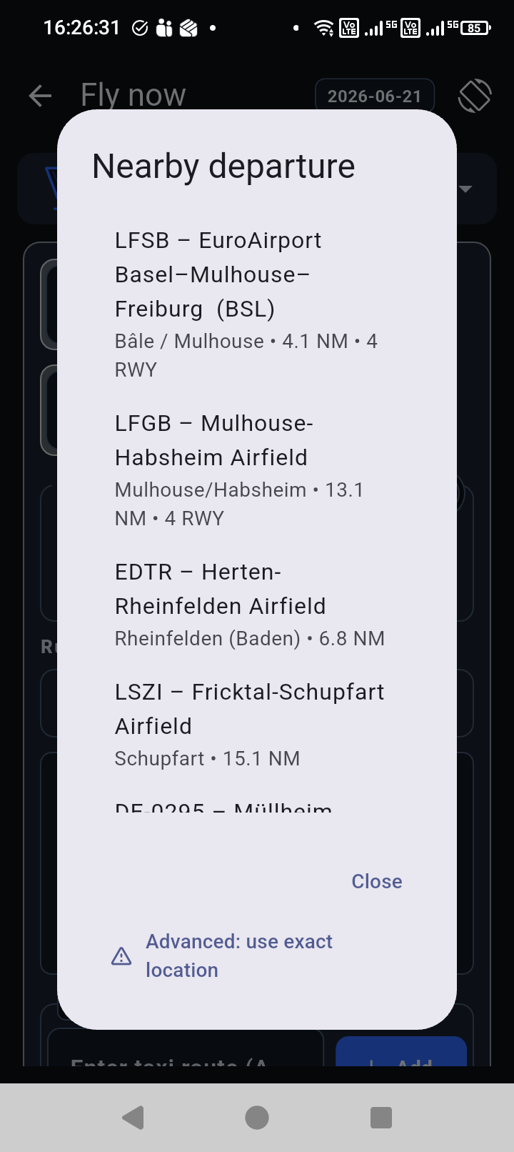 Nearby airport picker screen.