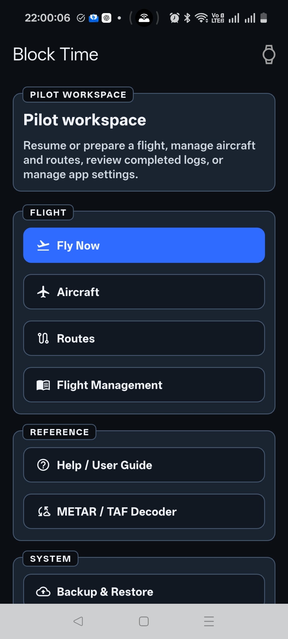 Block Time home screen with the watch status icon, Fly Now, Aircraft, Routes, Flight Management, and reference tools.