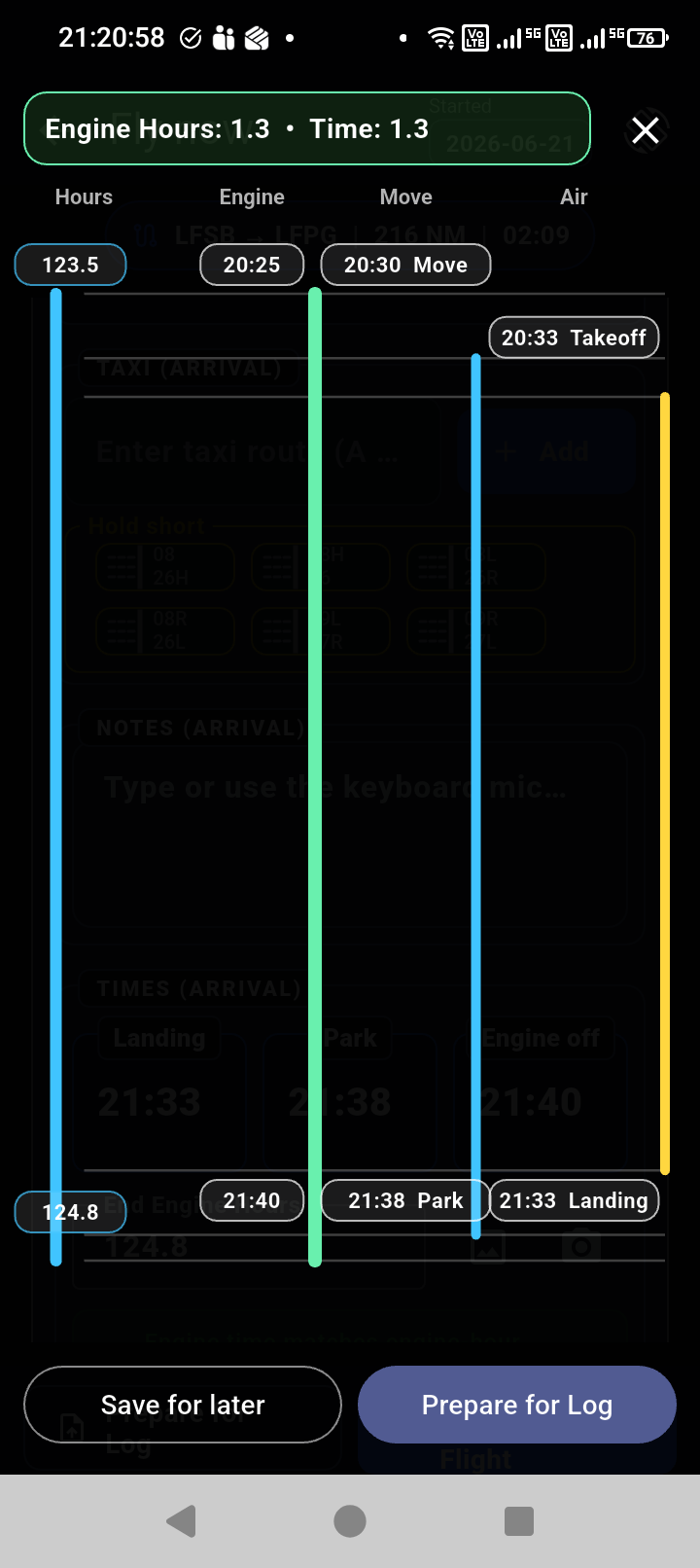 Flight timeline reconciliation screen showing balanced engine hours and time.