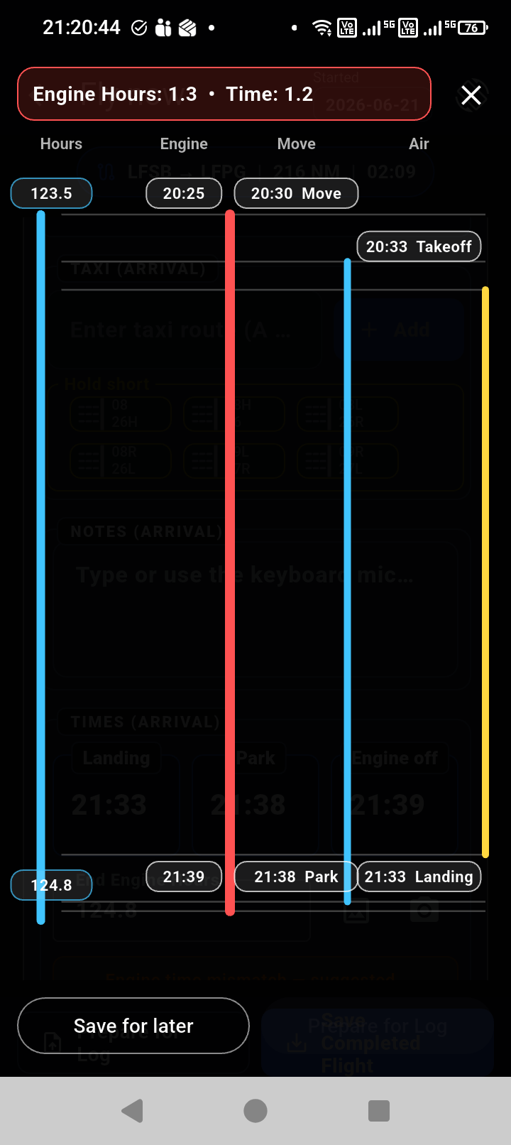 Flight timeline reconciliation screen showing a timing warning.