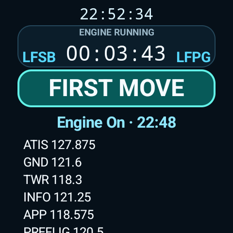 Watch showing engine-running timer, First Move action, and departure frequencies.