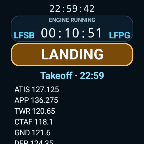 Watch showing Landing action, takeoff time, active timer, and arrival frequencies.