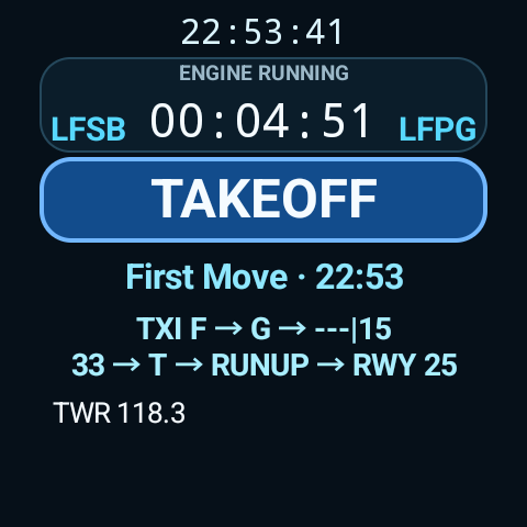 Block Time watch showing the active timer, Takeoff action, and taxi context.