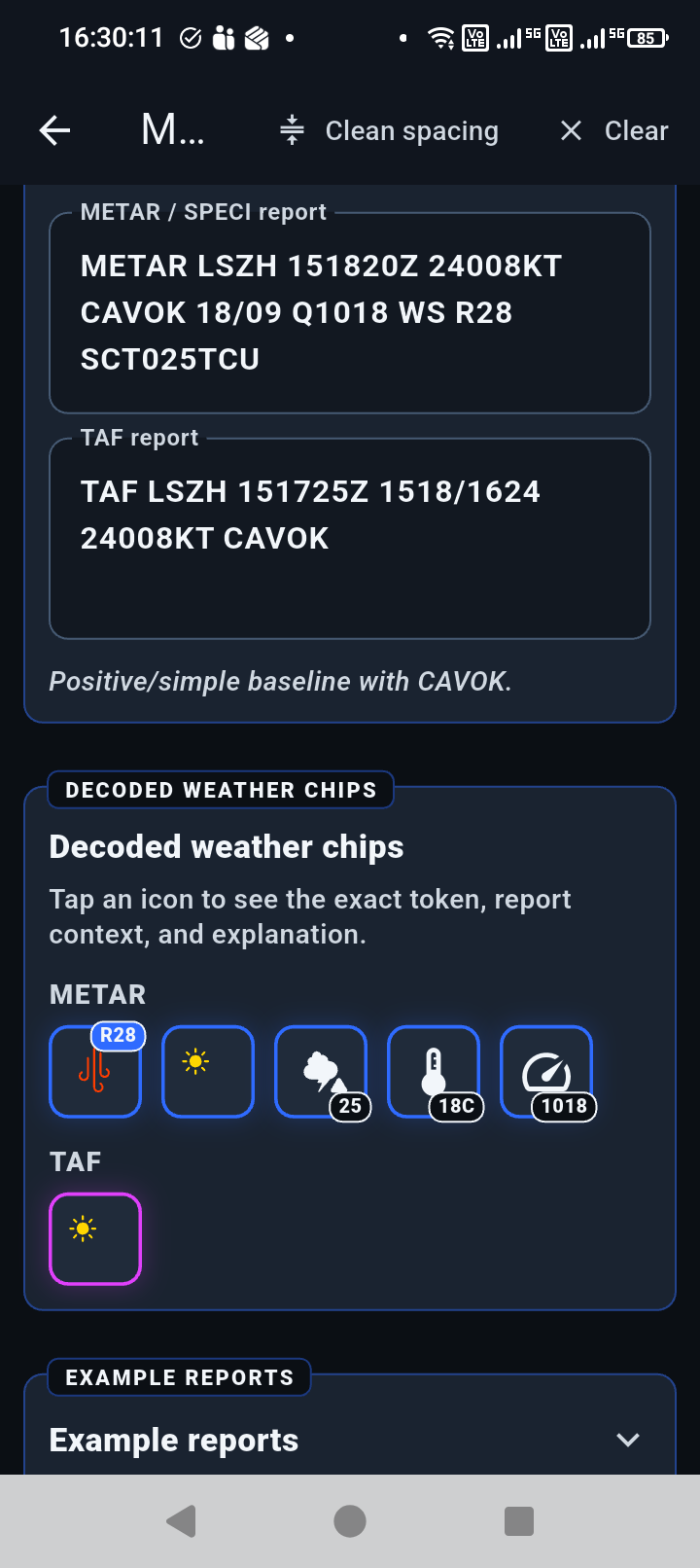 METAR / TAF Decoder with METAR, TAF, and decoded chips.