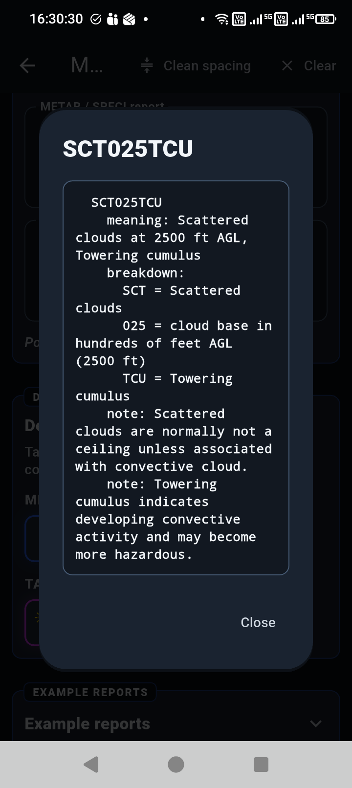 Weather token explanation dialog.